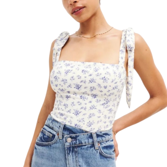 Reformation Tops - NWT Reformation Ellora Top Gracie Blue Floral Print Ribbon Bow Tie Straps 0